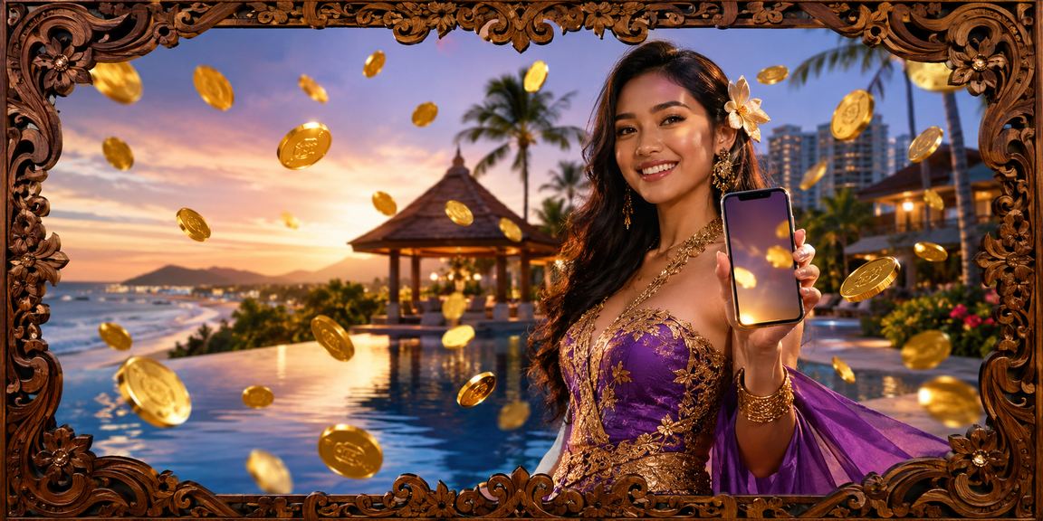 Pengguna mengakses mobile casino di tepi pantai dengan nyaman